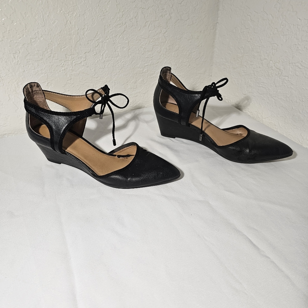 Franco Sarto Womens Darlis Lace Up Black Leather Dress Pump Point Toe Heels 7.5M